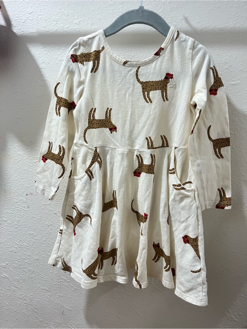 GAP Cream Long-Sleeve Dress with Brown Leopard and Red Bow Accents